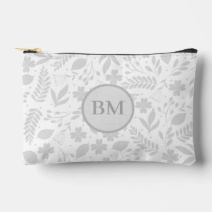 Silbergrau & Weiß Boho Blätter Monogramm Zubehörtasche