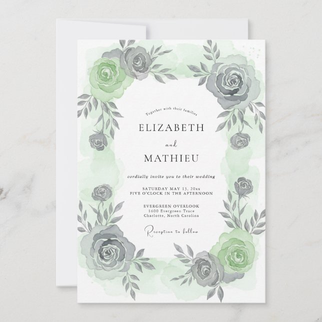 Silbergraue Blätterhochzeit Einladung (Vorderseite)