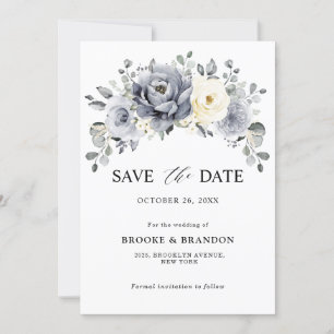 Silbergraue Elfenbein-Blumen-Winter-Hochzeit Save The Date