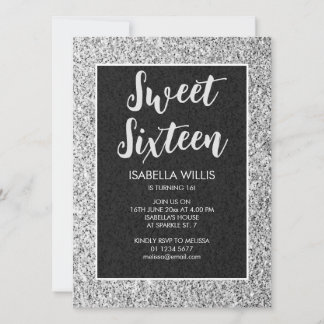 Silbergraue Glitzern Sweet 16 elegante Schrift Einladung