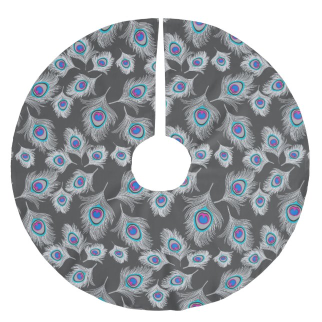 Silbergraue/graue PfauenFedern auf Grafit Polyester Weihnachtsbaumdecke (Vorderseite)