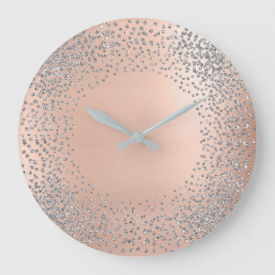 Silbergraue Kristalle Confetti Glitzer Rosa Große Wanduhr