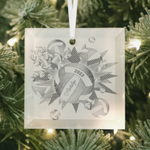 silbergraue Mädchen-Volleybälle und Sterne Ornament Aus Glas