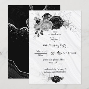 Silbergraue und schwarze Blume Geburtstag Einladung
