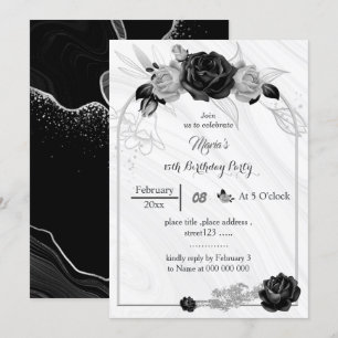 Silbergraue und schwarze Blume Geburtstag Einladung