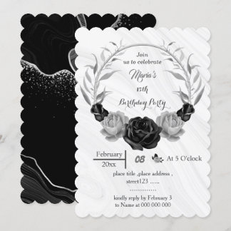 Silbergraue und schwarze Blume zum Geburtstag Einladung