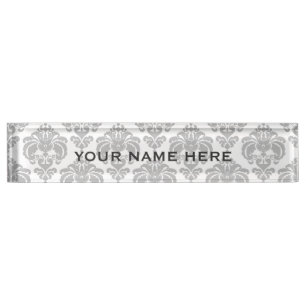 Silbergrauer Damast Elegant Glam Personalisiert Namensplakette