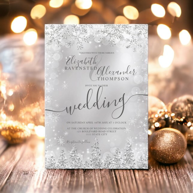 Silbergrauer Pinienwald Weihnachtsfest Einladung (Silver gray snow pine Christmas winter wedding Invitation)