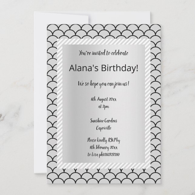 Silbergrauer Streifen Mermaid Party Einladungen (Vorderseite)