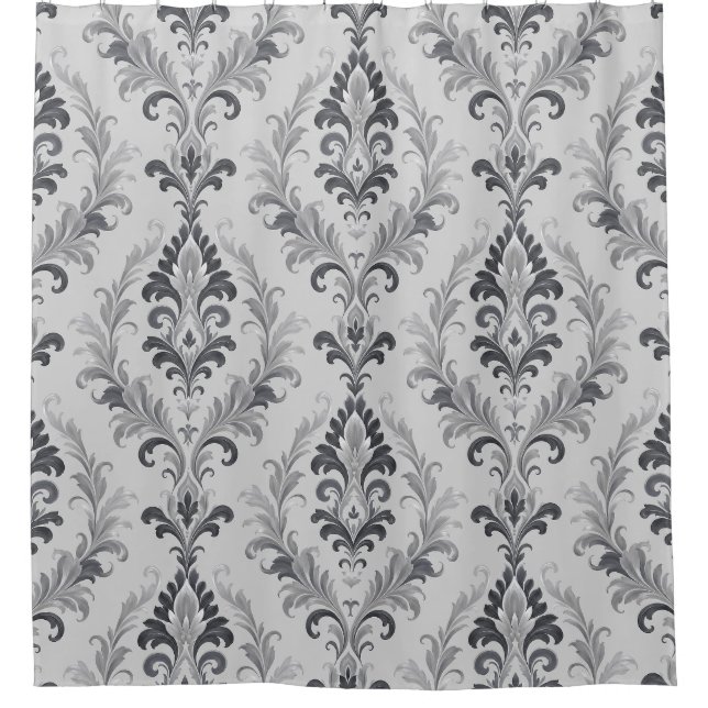 Silbergraues Barock-Damask Blumenmuster Duschvorhang (Vorderseite)