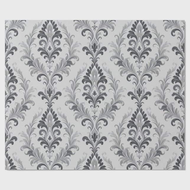 Silbergraues Barock-Damaskus-Blumenmuster Geschenkpapier (Flach)
