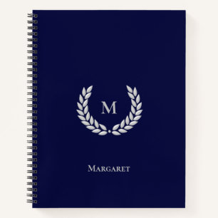 Silbergraues Monogramm & Lorbeer auf Navyblauem No Notizbuch
