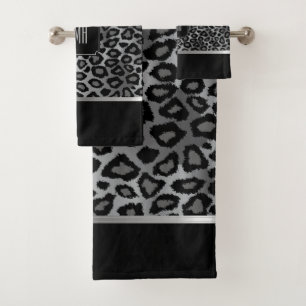 Silbergraues und schwarzes Leopardenmuster mit Mon Badhandtuch Set