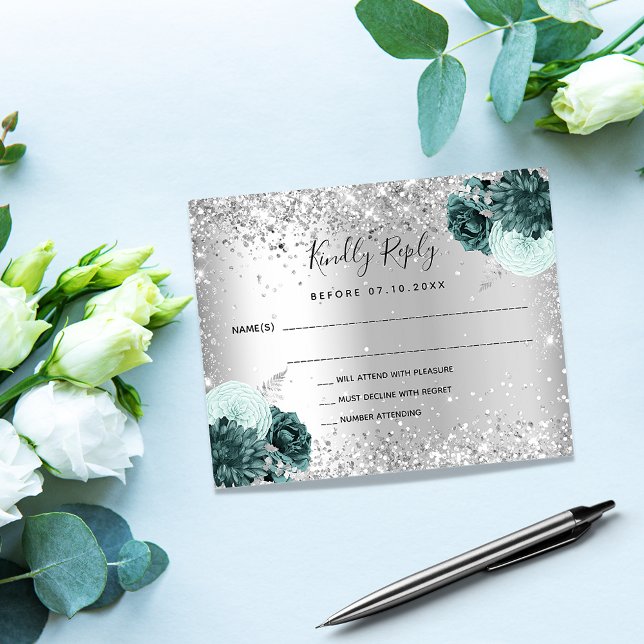 Silbergrüne Blume Glitzer Hochzeit RSVP-Karte (Von Creator hochgeladen)