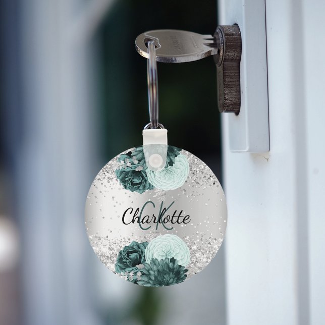 Silbergrüne Blumen eleganter Name Schlüsselanhänger (Von Creator hochgeladen)