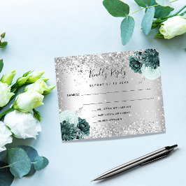 Silbergrüne Blumen Glitzer Budget Hochzeit RSVP Flyer