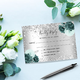 Silbergrüne Blumen Glitzer Hochzeit RSVP Mitteilungskarte