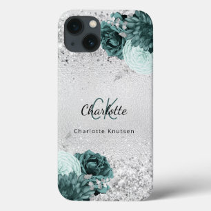 Silbergrüne Blüten eleganter Monogrammname Case-Mate iPhone Hülle