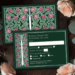 Silbergrüne mittelalterliche Blumen-Schwert-Hochze RSVP Karte