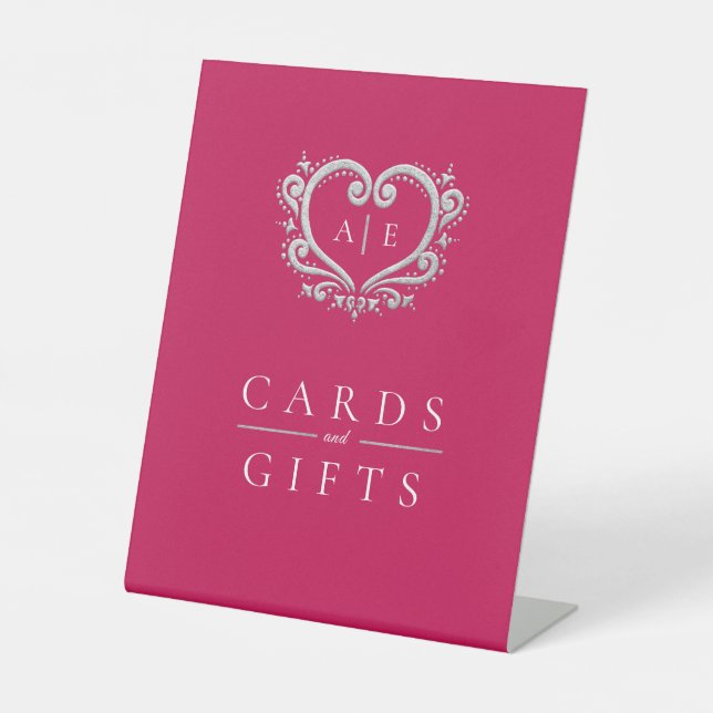 Silberherz-Monogramm rote Hochzeitskarten und Gesc Sockelschild (Vorderseite)