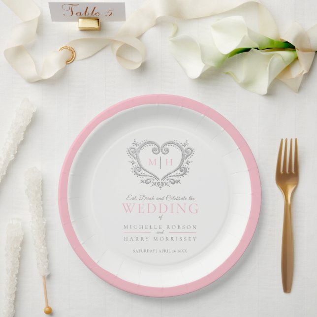 Silberherz-Rosa-Kranz-Monogramm-Hochzeit Pappteller (Hochzeit)
