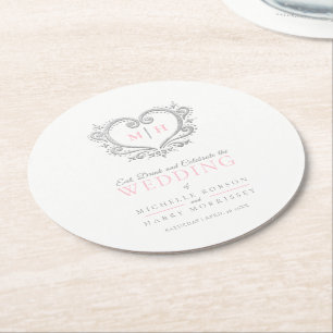 Silberherz-Rosa-Kranz-Monogramm Hochzeit Runder Pappuntersetzer