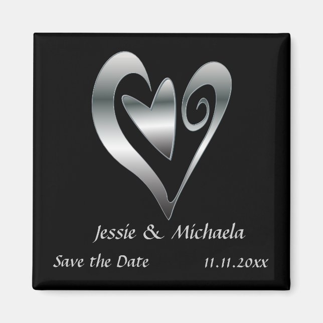 Silberherzen auf Schwarz Save the Date Magnet (Vorne)