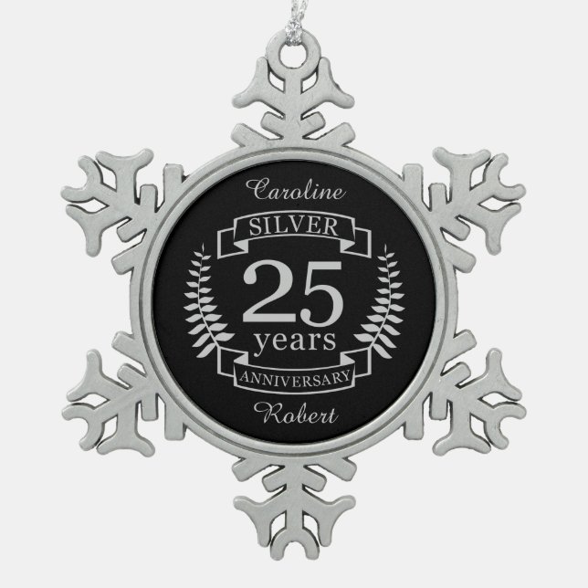 Silberhochzeit 25 Jahre Schneeflocken Zinn-Ornament (Vorderseite)
