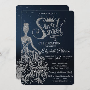 Silberkleid, Diamonds Dark Blue Sweet 16 Einladung