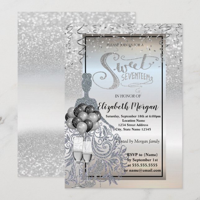 Silberkleid, Glas, Ballons Sweet 17 Einladung (Vorne/Hinten)
