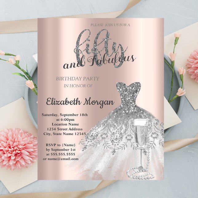 Silberkleid Prosecco Perlen 50. Geburtstag Einladung (Von Creator hochgeladen)