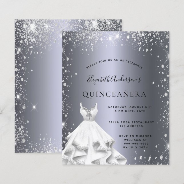 Silberkleid Quinceanera Glitzer Einladung (Vorne/Hinten)