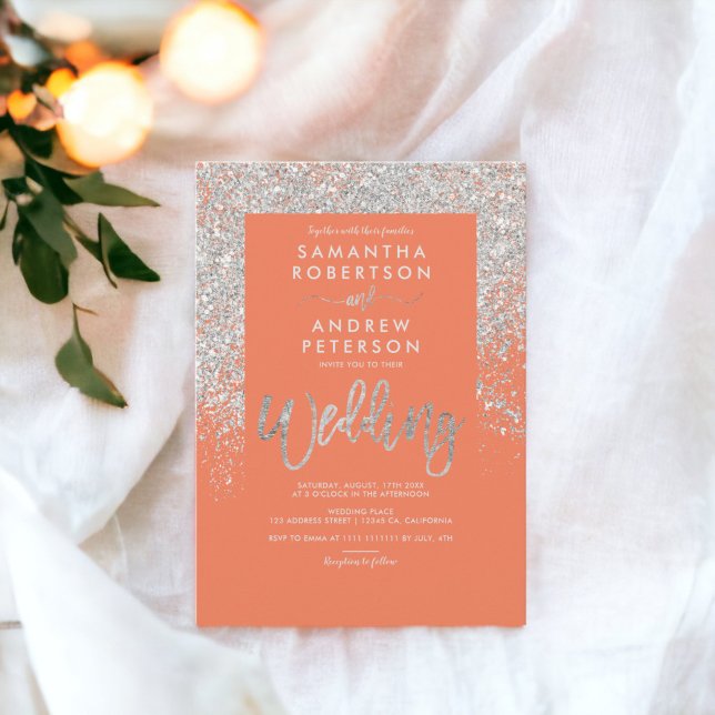 Silberkorallenhochzeit Glitzer Einladung (Silver glitter typography orange coral wedding invitation)