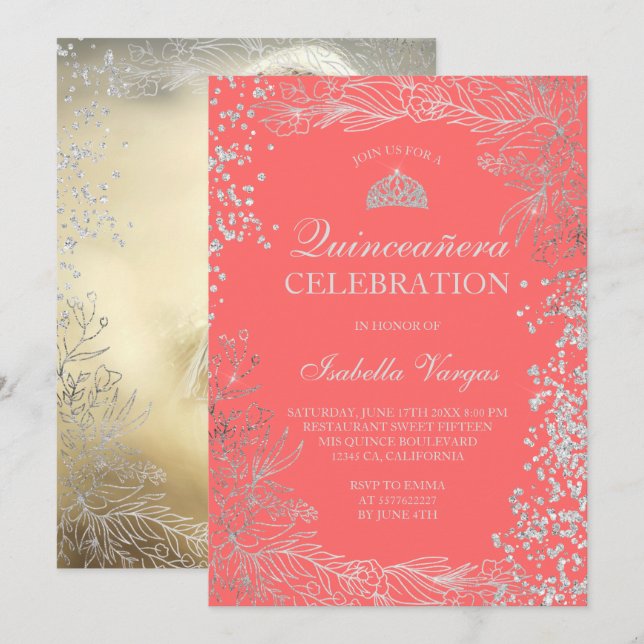 Silberkorallenkoralle Foto Tiara Quinceañera Einladung (Vorne/Hinten)