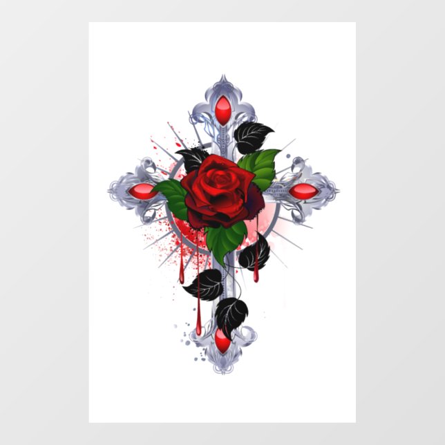 Silberkreuz mit Rote Rose Fensteraufkleber (Blatt)