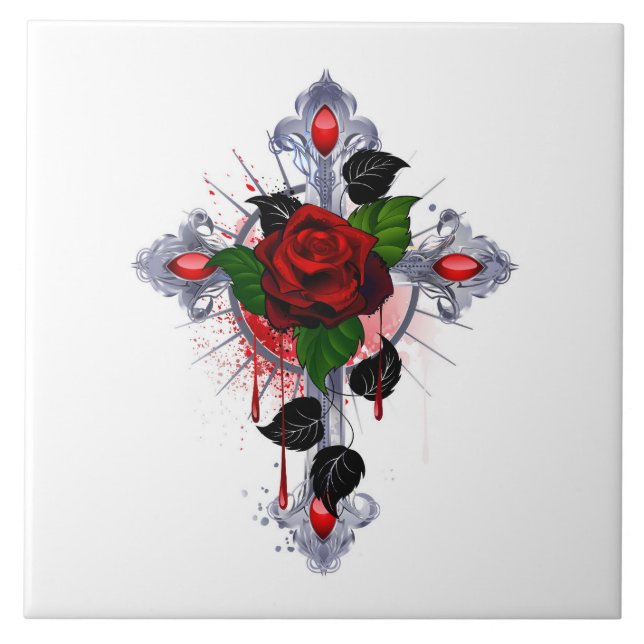 Silberkreuz mit Rote Rose Fliese (Vorderseite)