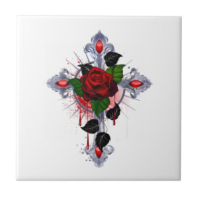Silberkreuz mit Rote Rose Fliese (Vorderseite)