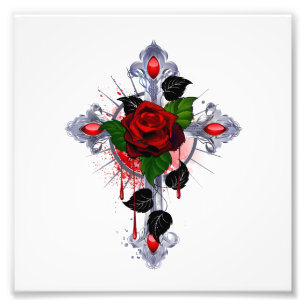 Silberkreuz mit Rote Rose Fotodruck