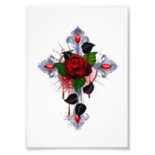 Silberkreuz mit Rote Rose Fotodruck