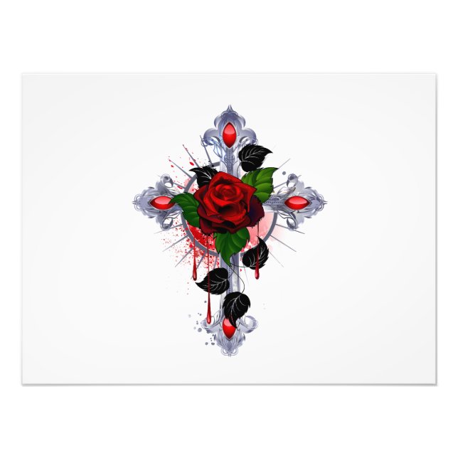 Silberkreuz mit Rote Rose Fotodruck (Vorne)
