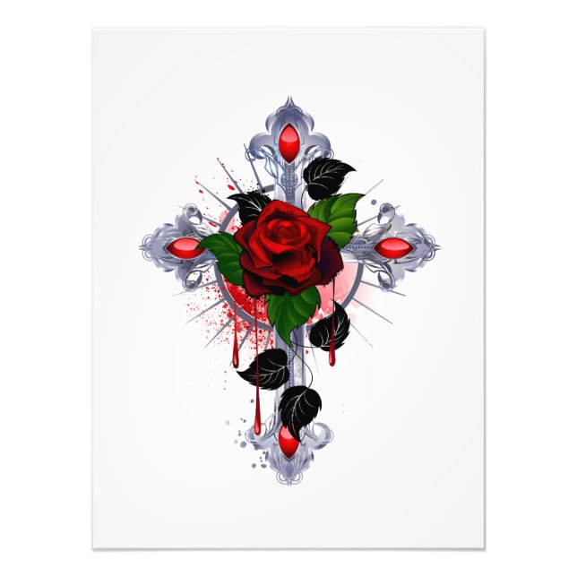 Silberkreuz mit Rote Rose Fotodruck (Vorne)