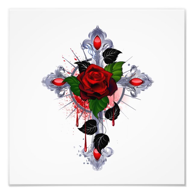 Silberkreuz mit Rote Rose Fotodruck (Vorne)