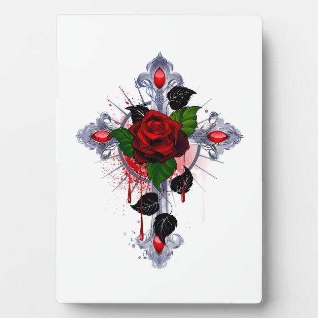 Silberkreuz mit Rote Rose Fotoplatte (Vorderseite)