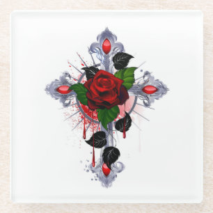 Silberkreuz mit Rote Rose Glasuntersetzer