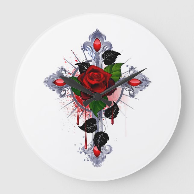Silberkreuz mit Rote Rose Große Wanduhr (Vorderseite)