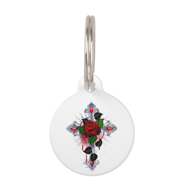 Silberkreuz mit Rote Rose Haustiermarke (Vorderseite)