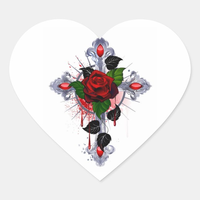 Silberkreuz mit Rote Rose Herz-Aufkleber (Vorderseite)