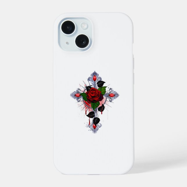 Silberkreuz mit Rote Rose iPhone 15 Hülle (Rückseite)