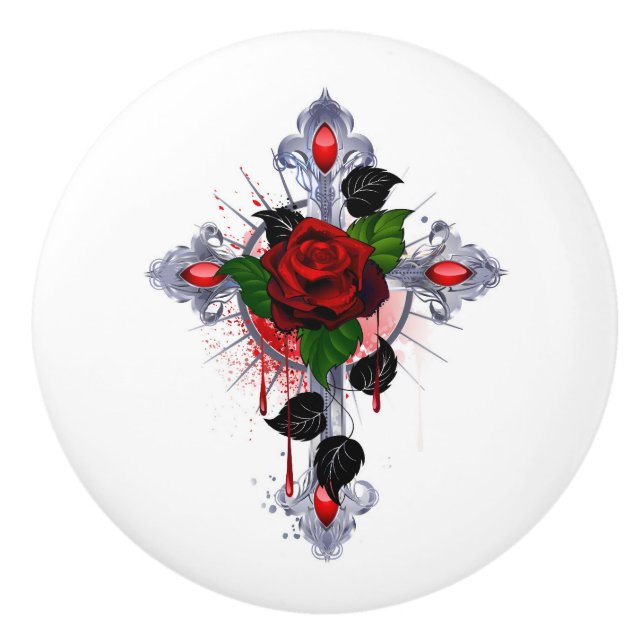 Silberkreuz mit Rote Rose Keramikknauf (Vorderseite)