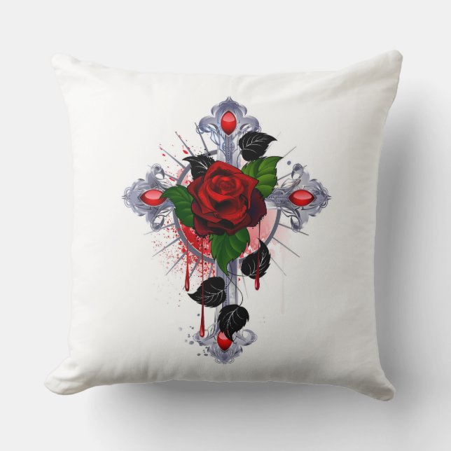 Silberkreuz mit Rote Rose Kissen (Vorderseite)